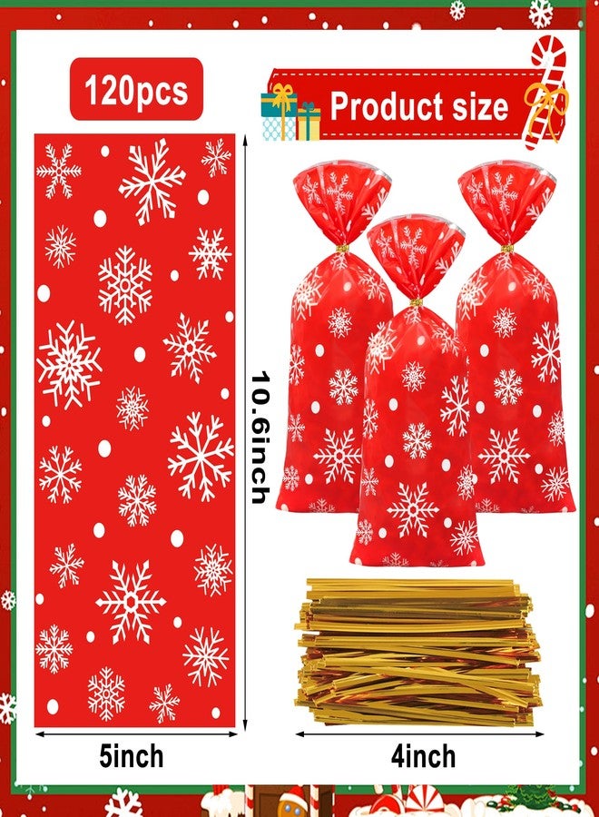 peony man 120 PCS Snowflake Treat Bags Red Christmas Cellophane Bag with Twist Ties White Snowflake Theme Candy Bags 5 x 10.6 Inch Xmas Plastic Goodie Bag for Winter Christmas Holiday Party Supplies - Image 2
